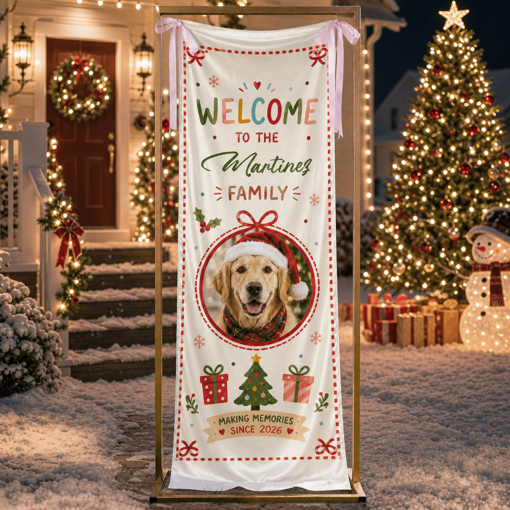 Custom Photo Dog Christmas Family Fabric Welcome Banner, Personalized Pet Photo Holiday Entrance Hanging Sign with Ribbon Ties, Cute Dog Santa Hat Christmas Decor