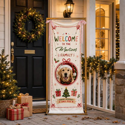 Custom Photo Dog Christmas Family Fabric Welcome Banner, Personalized Pet Photo Holiday Entrance Hanging Sign with Ribbon Ties, Cute Dog Santa Hat Christmas Decor