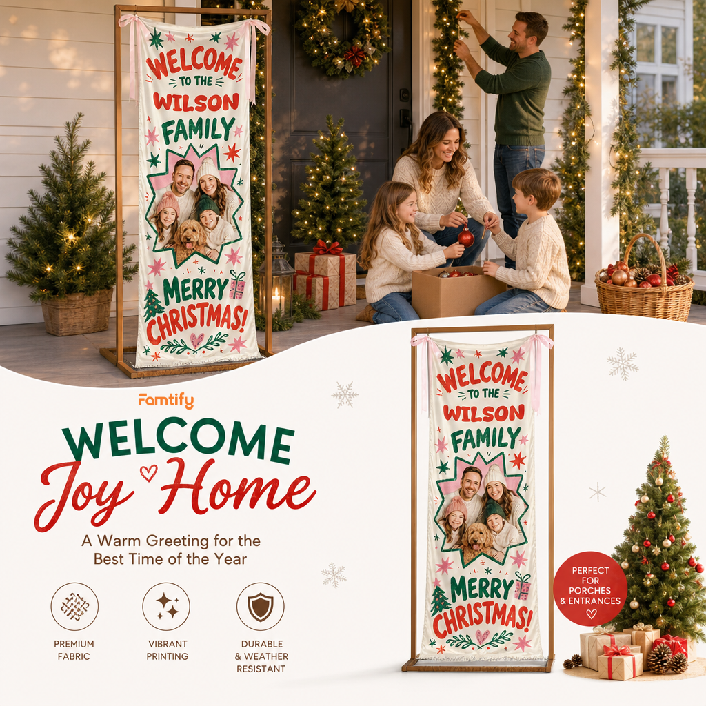 Custom Photo Star Frame Christmas Family Fabric Welcome Banner, Personalized Family Name Holiday Entrance Hanging Sign with Ribbon Ties, Colorful Retro Star Christmas Party Decor