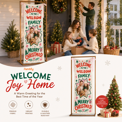 Custom Photo Star Frame Christmas Family Fabric Welcome Banner, Personalized Family Name Holiday Entrance Hanging Sign with Ribbon Ties, Colorful Retro Star Christmas Party Decor