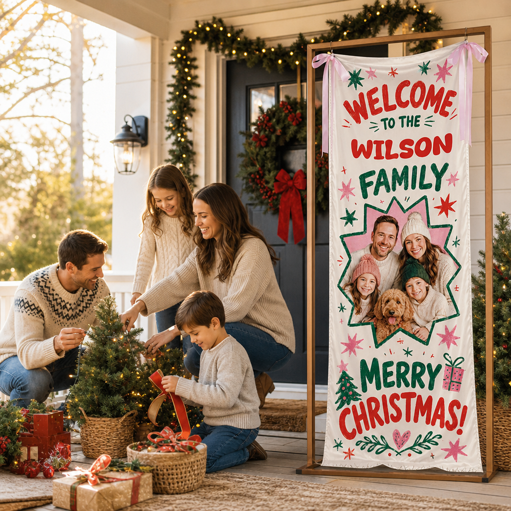 Custom Photo Star Frame Christmas Family Fabric Welcome Banner, Personalized Family Name Holiday Entrance Hanging Sign with Ribbon Ties, Colorful Retro Star Christmas Party Decor