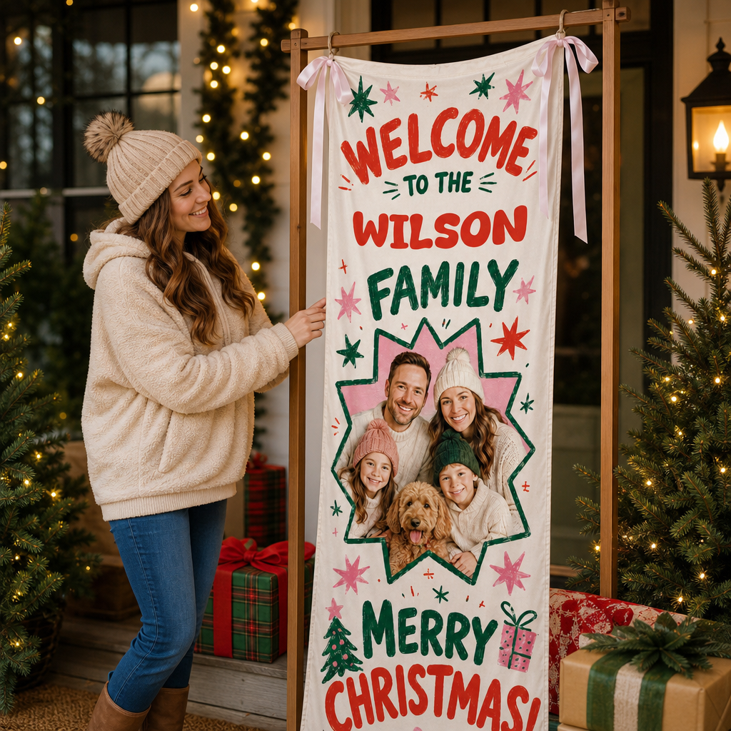 Custom Photo Star Frame Christmas Family Fabric Welcome Banner, Personalized Family Name Holiday Entrance Hanging Sign with Ribbon Ties, Colorful Retro Star Christmas Party Decor