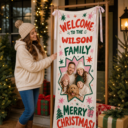 Custom Photo Star Frame Christmas Family Fabric Welcome Banner, Personalized Family Name Holiday Entrance Hanging Sign with Ribbon Ties, Colorful Retro Star Christmas Party Decor