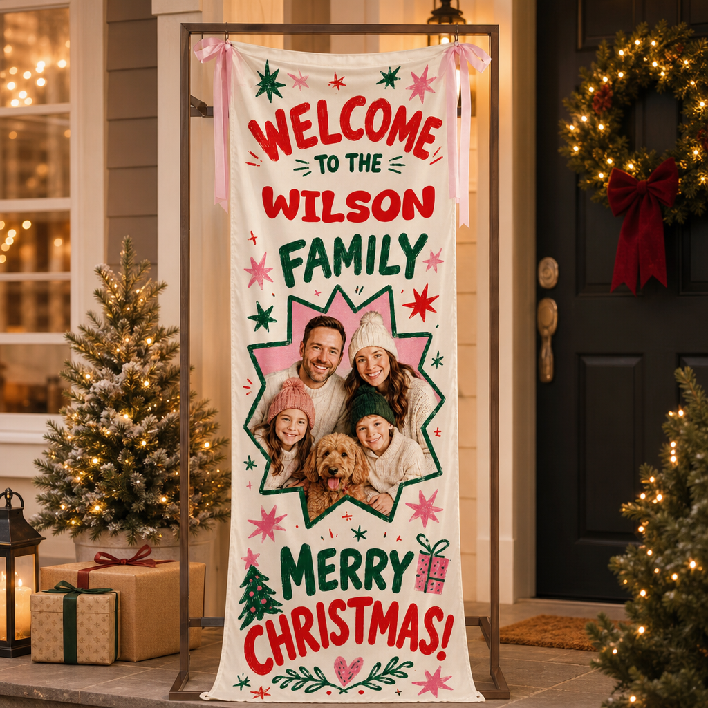 Custom Photo Star Frame Christmas Family Fabric Welcome Banner, Personalized Family Name Holiday Entrance Hanging Sign with Ribbon Ties, Colorful Retro Star Christmas Party Decor