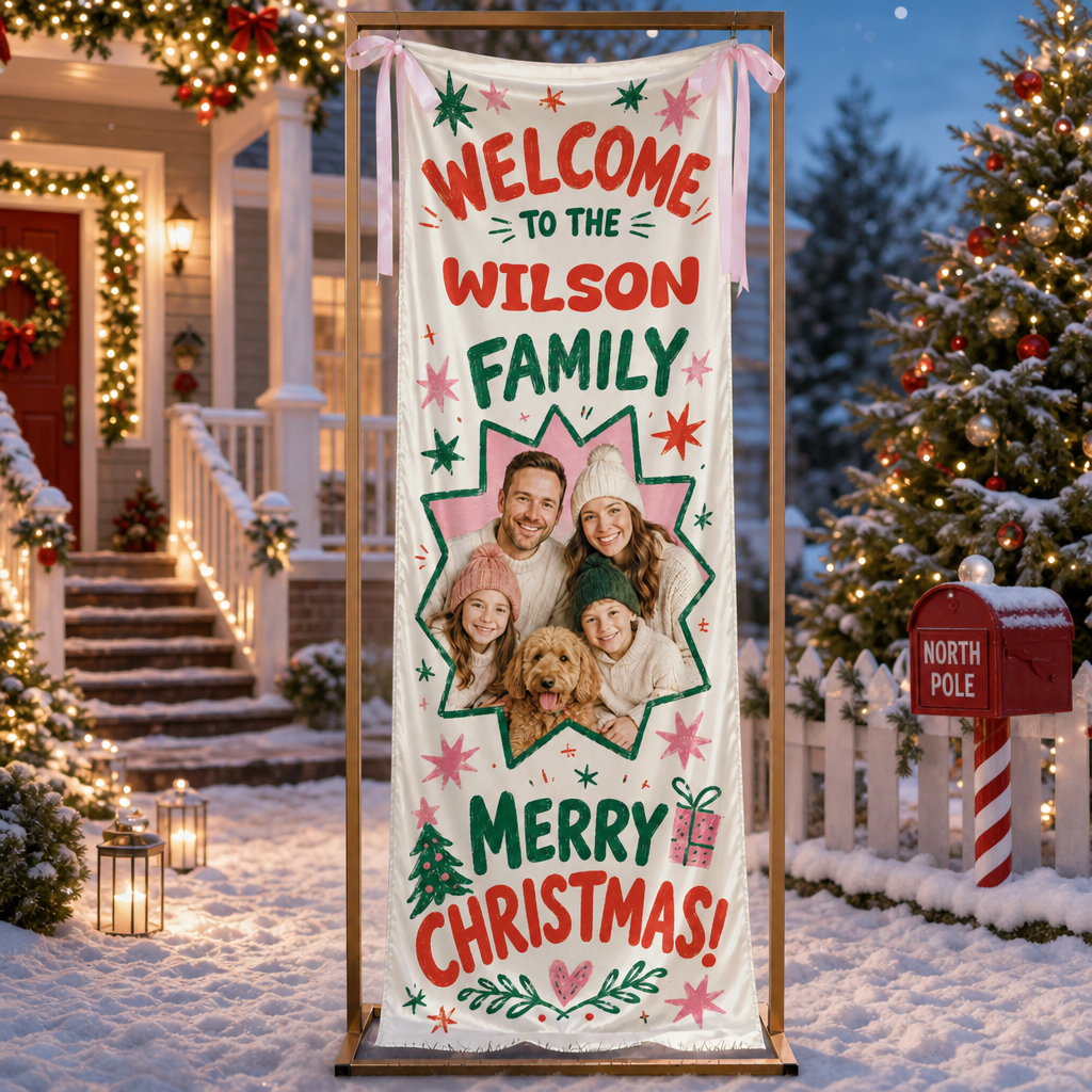 Custom Photo Star Frame Christmas Family Fabric Welcome Banner, Personalized Family Name Holiday Entrance Hanging Sign with Ribbon Ties, Colorful Retro Star Christmas Party Decor