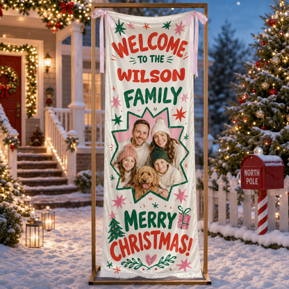 Custom Photo Star Frame Christmas Family Fabric Welcome Banner, Personalized Family Name Holiday Entrance Hanging Sign with Ribbon Ties, Colorful Retro Star Christmas Party Decor