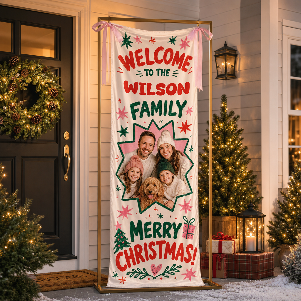 Custom Photo Star Frame Christmas Family Fabric Welcome Banner, Personalized Family Name Holiday Entrance Hanging Sign with Ribbon Ties, Colorful Retro Star Christmas Party Decor