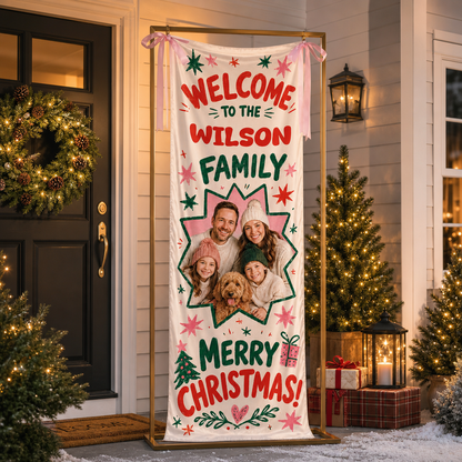 Custom Photo Star Frame Christmas Family Fabric Welcome Banner, Personalized Family Name Holiday Entrance Hanging Sign with Ribbon Ties, Colorful Retro Star Christmas Party Decor