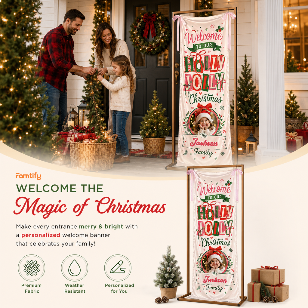 Custom Photo Holly Jolly Christmas Fabric Welcome Banner, Personalized Family Name Holiday Entrance Hanging Sign with Ribbon Ties, Red & Green Festive Kids Christmas Decor