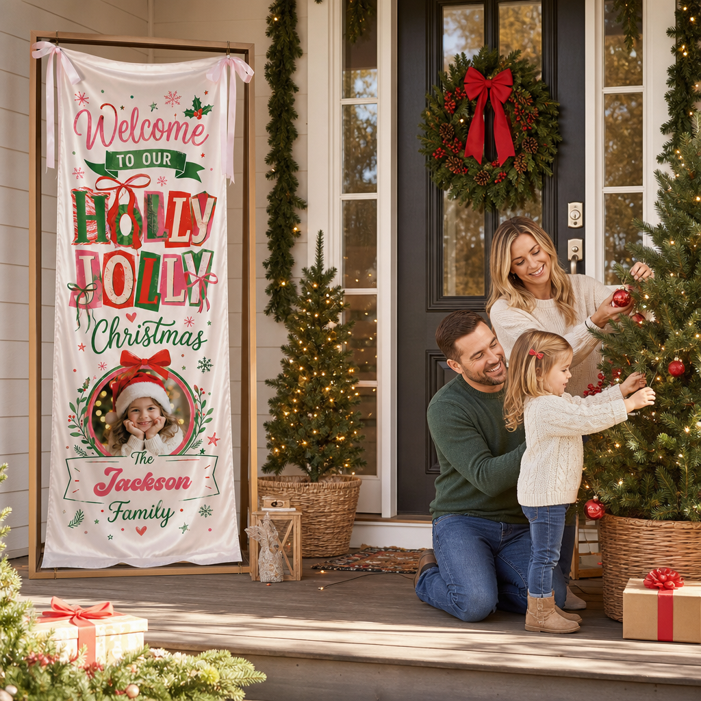 Custom Photo Holly Jolly Christmas Fabric Welcome Banner, Personalized Family Name Holiday Entrance Hanging Sign with Ribbon Ties, Red & Green Festive Kids Christmas Decor