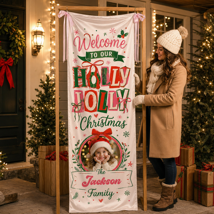 Custom Photo Holly Jolly Christmas Fabric Welcome Banner, Personalized Family Name Holiday Entrance Hanging Sign with Ribbon Ties, Red & Green Festive Kids Christmas Decor