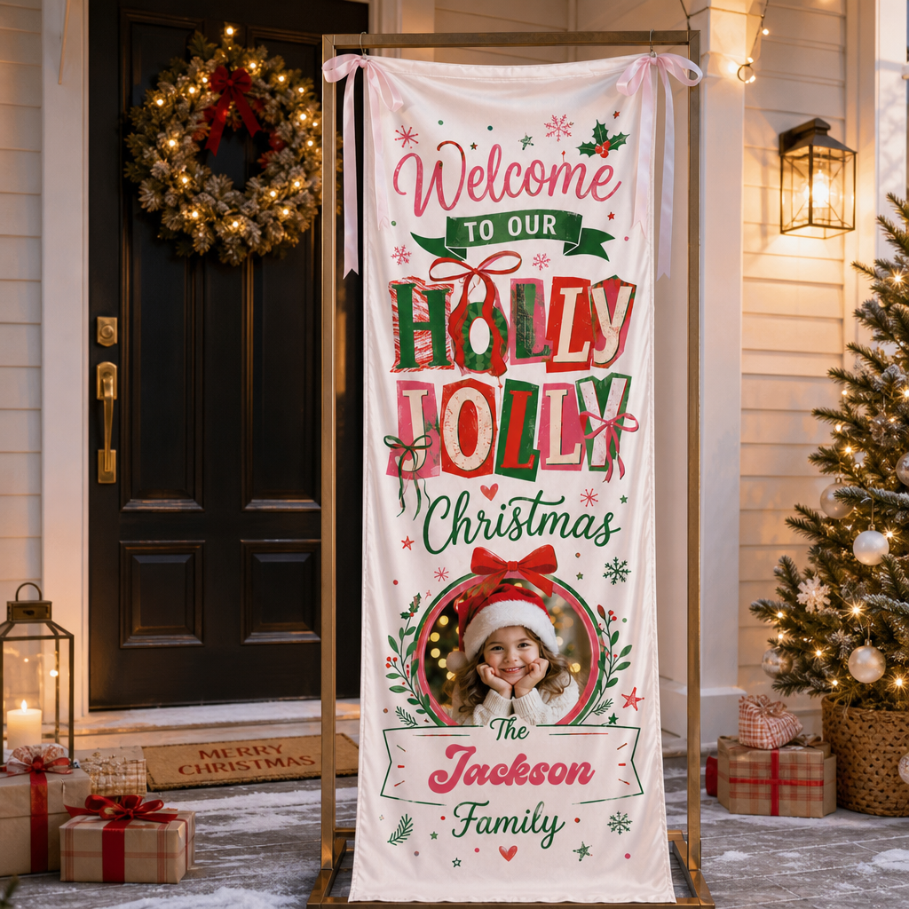Custom Photo Holly Jolly Christmas Fabric Welcome Banner, Personalized Family Name Holiday Entrance Hanging Sign with Ribbon Ties, Red & Green Festive Kids Christmas Decor