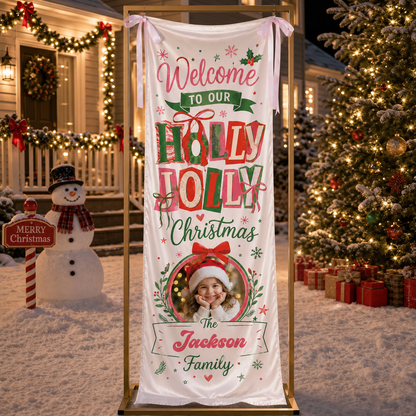 Custom Photo Holly Jolly Christmas Fabric Welcome Banner, Personalized Family Name Holiday Entrance Hanging Sign with Ribbon Ties, Red & Green Festive Kids Christmas Decor