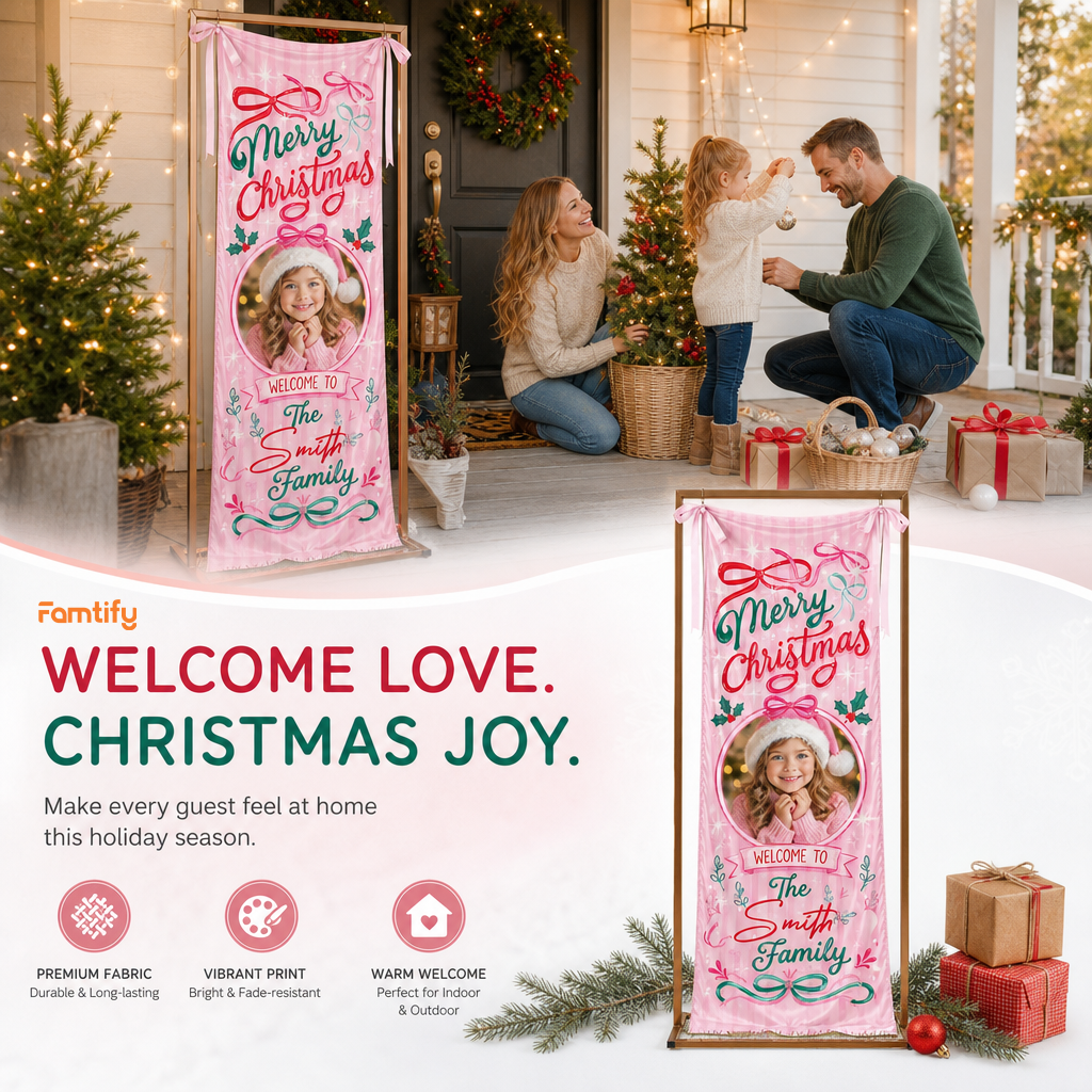 Custom Photo Pink Coquette Christmas Family Fabric Welcome Banner, Personalized Family Name Holiday Entrance Hanging Sign with Ribbon Ties, Pink Bow & Ribbon Girl Xmas Party Decor