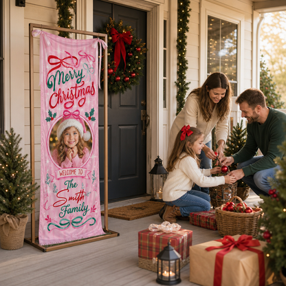 Custom Photo Pink Coquette Christmas Family Fabric Welcome Banner, Personalized Family Name Holiday Entrance Hanging Sign with Ribbon Ties, Pink Bow & Ribbon Girl Xmas Party Decor