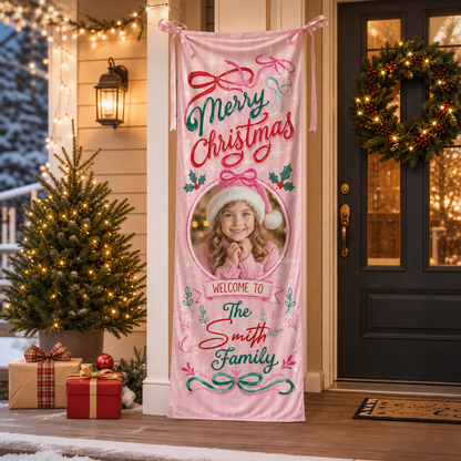 Custom Photo Pink Coquette Christmas Family Fabric Welcome Banner, Personalized Family Name Holiday Entrance Hanging Sign with Ribbon Ties, Pink Bow & Ribbon Girl Xmas Party Decor