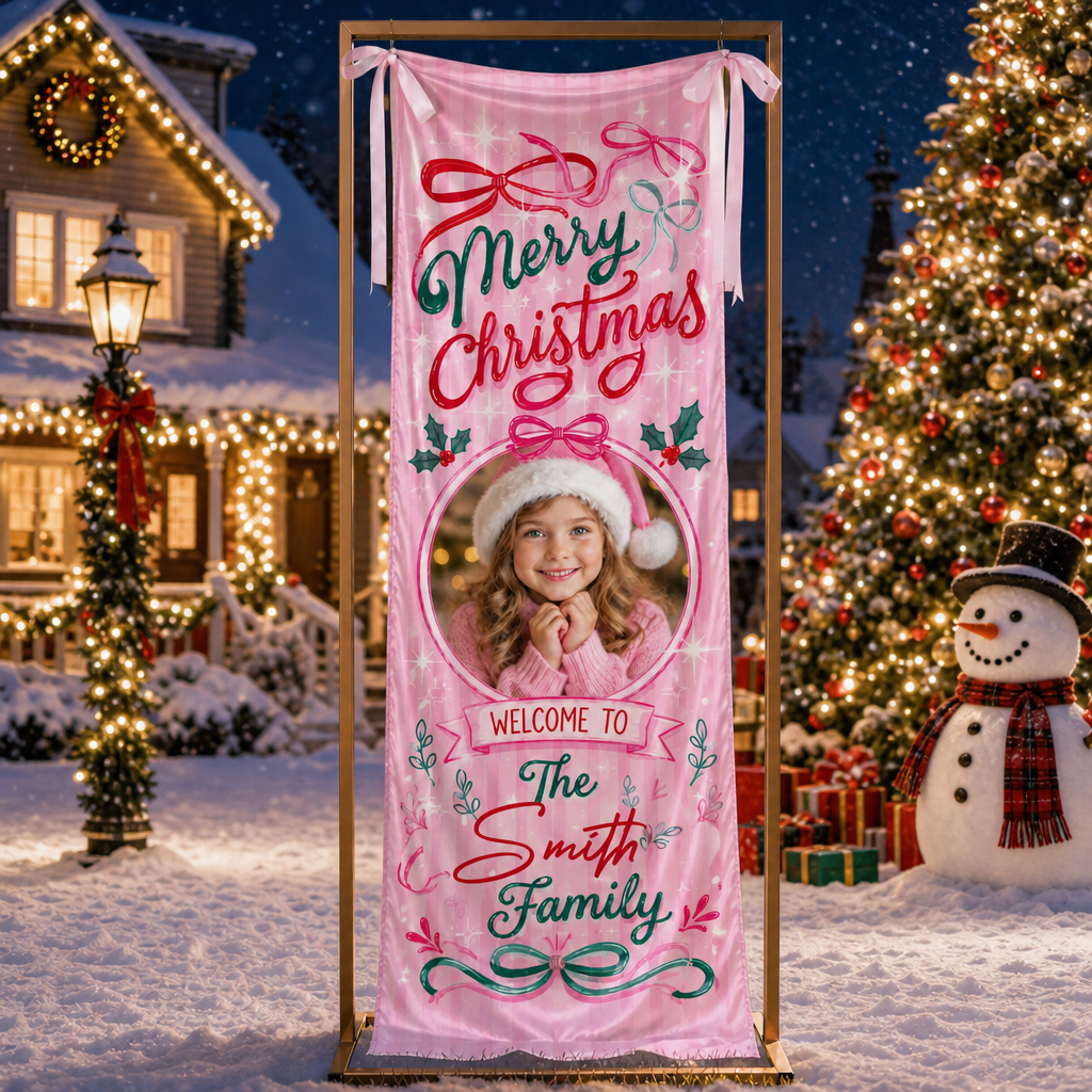 Custom Photo Pink Coquette Christmas Family Fabric Welcome Banner, Personalized Family Name Holiday Entrance Hanging Sign with Ribbon Ties, Pink Bow & Ribbon Girl Xmas Party Decor