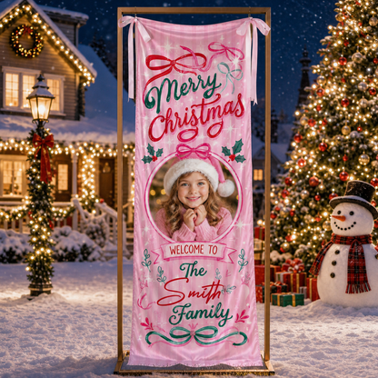 Custom Photo Pink Coquette Christmas Family Fabric Welcome Banner, Personalized Family Name Holiday Entrance Hanging Sign with Ribbon Ties, Pink Bow & Ribbon Girl Xmas Party Decor