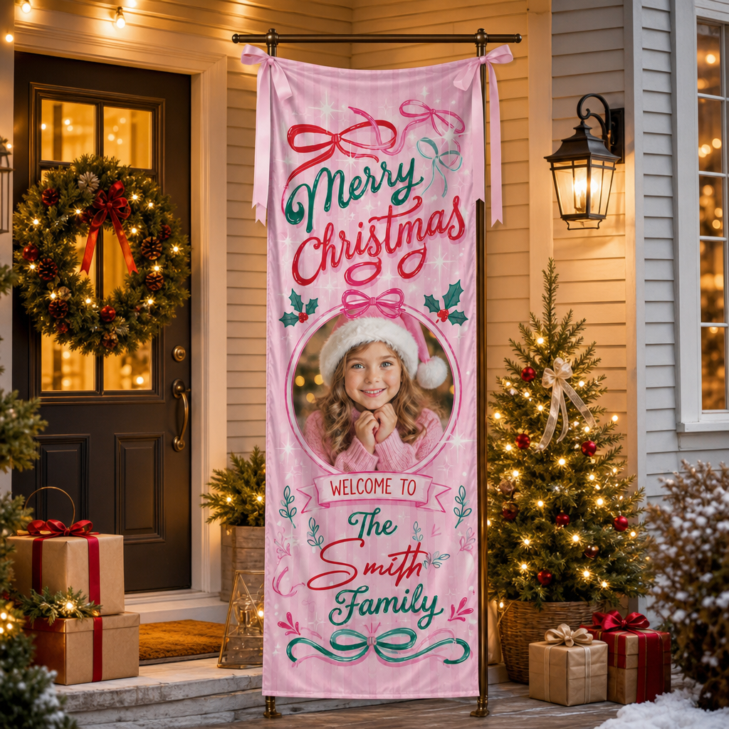 Custom Photo Pink Coquette Christmas Family Fabric Welcome Banner, Personalized Family Name Holiday Entrance Hanging Sign with Ribbon Ties, Pink Bow & Ribbon Girl Xmas Party Decor