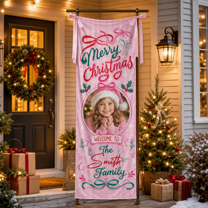 Custom Photo Pink Coquette Christmas Family Fabric Welcome Banner, Personalized Family Name Holiday Entrance Hanging Sign with Ribbon Ties, Pink Bow & Ribbon Girl Xmas Party Decor