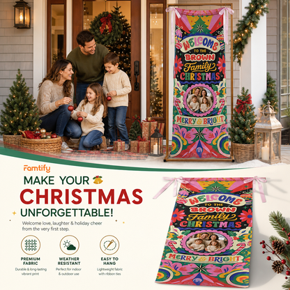 Custom Photo Retro Groovy Christmas Family Fabric Welcome Banner, Personalized Family Name Holiday Entrance Hanging Sign with Ribbon Ties, Vibrant Colorful Merry Bright Party Decor