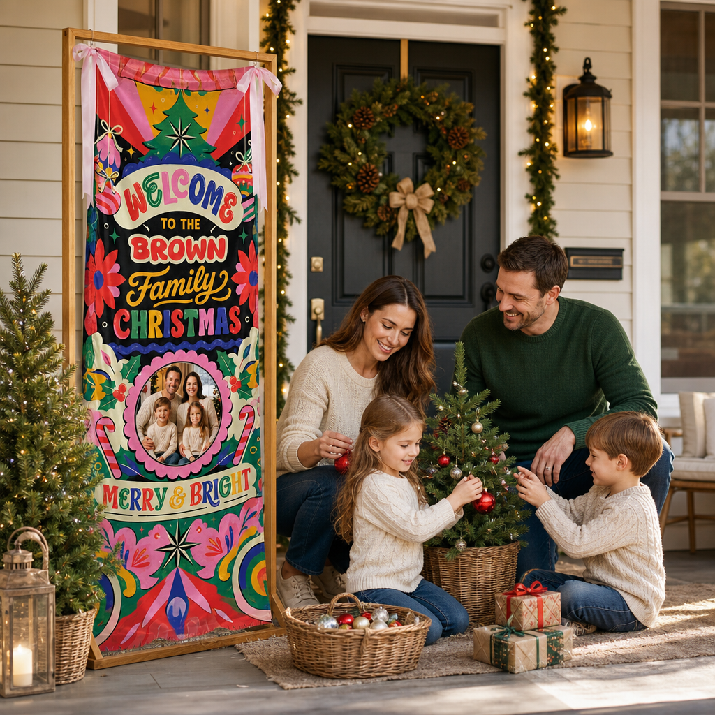 Custom Photo Retro Groovy Christmas Family Fabric Welcome Banner, Personalized Family Name Holiday Entrance Hanging Sign with Ribbon Ties, Vibrant Colorful Merry Bright Party Decor