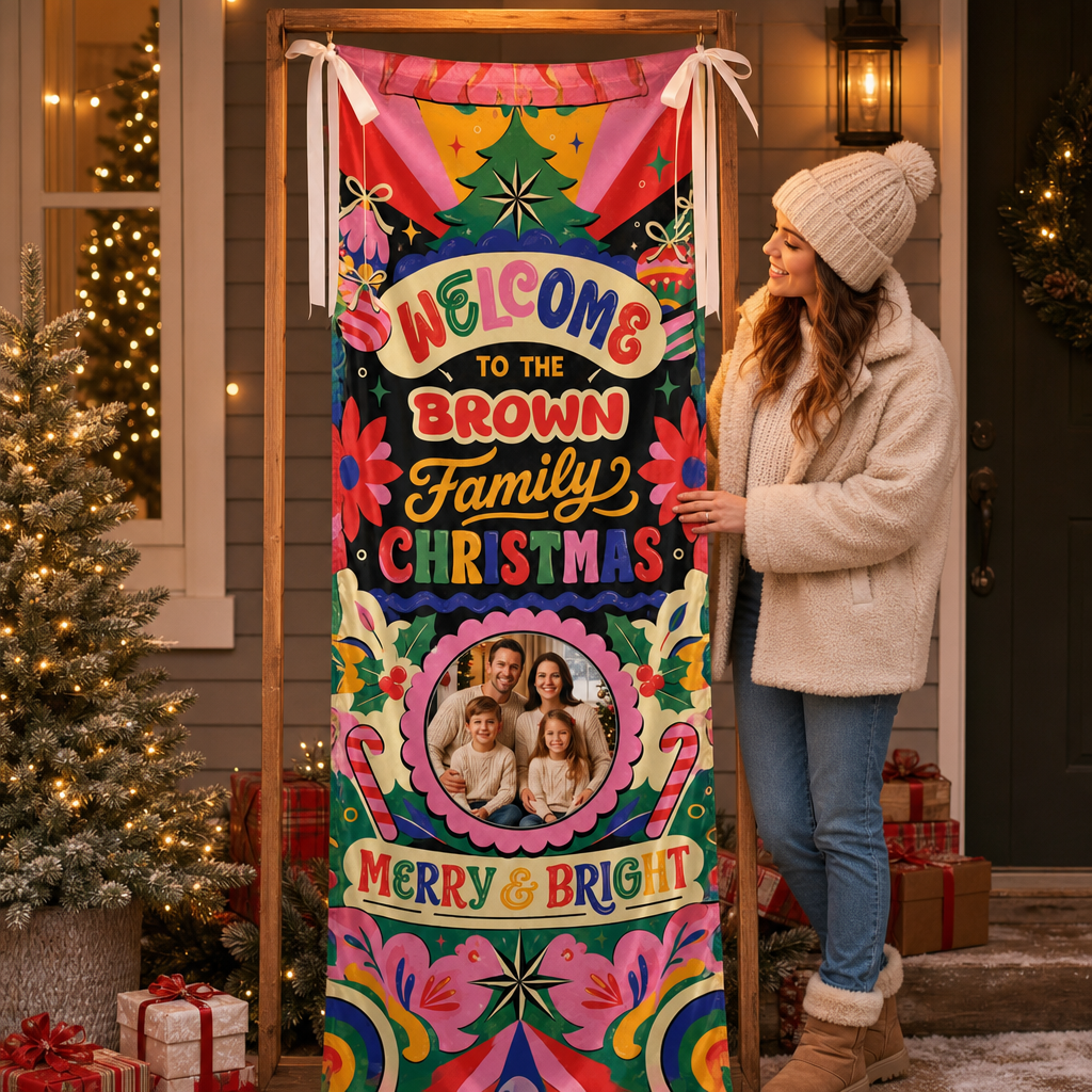Custom Photo Retro Groovy Christmas Family Fabric Welcome Banner, Personalized Family Name Holiday Entrance Hanging Sign with Ribbon Ties, Vibrant Colorful Merry Bright Party Decor