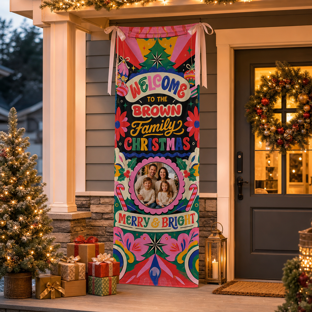 Custom Photo Retro Groovy Christmas Family Fabric Welcome Banner, Personalized Family Name Holiday Entrance Hanging Sign with Ribbon Ties, Vibrant Colorful Merry Bright Party Decor