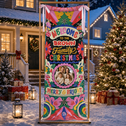 Custom Photo Retro Groovy Christmas Family Fabric Welcome Banner, Personalized Family Name Holiday Entrance Hanging Sign with Ribbon Ties, Vibrant Colorful Merry Bright Party Decor