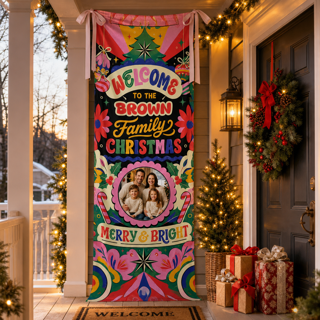 Custom Photo Retro Groovy Christmas Family Fabric Welcome Banner, Personalized Family Name Holiday Entrance Hanging Sign with Ribbon Ties, Vibrant Colorful Merry Bright Party Decor