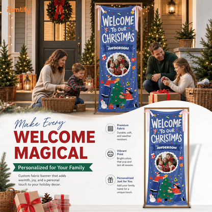 Custom Photo Blue Christmas Family Fabric Welcome Banner, Personalized Family Name Holiday Entrance Hanging Sign with Ribbon Ties, Royal Blue Tree Decorating Party Decor