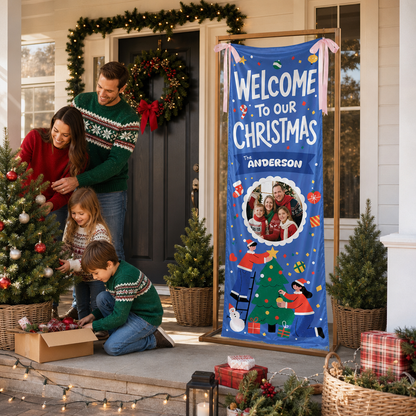 Custom Photo Blue Christmas Family Fabric Welcome Banner, Personalized Family Name Holiday Entrance Hanging Sign with Ribbon Ties, Royal Blue Tree Decorating Party Decor