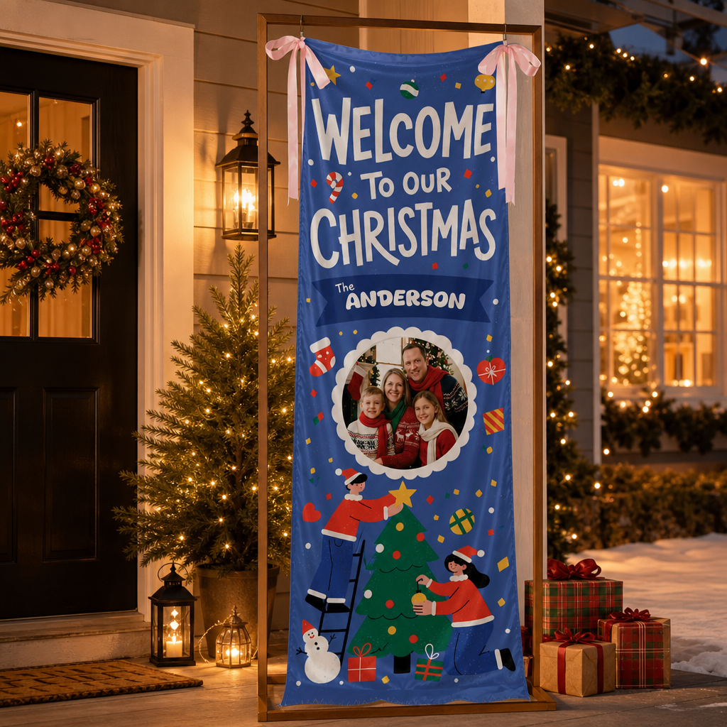 Custom Photo Blue Christmas Family Fabric Welcome Banner, Personalized Family Name Holiday Entrance Hanging Sign with Ribbon Ties, Royal Blue Tree Decorating Party Decor
