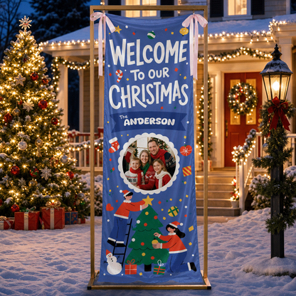 Custom Photo Blue Christmas Family Fabric Welcome Banner, Personalized Family Name Holiday Entrance Hanging Sign with Ribbon Ties, Royal Blue Tree Decorating Party Decor