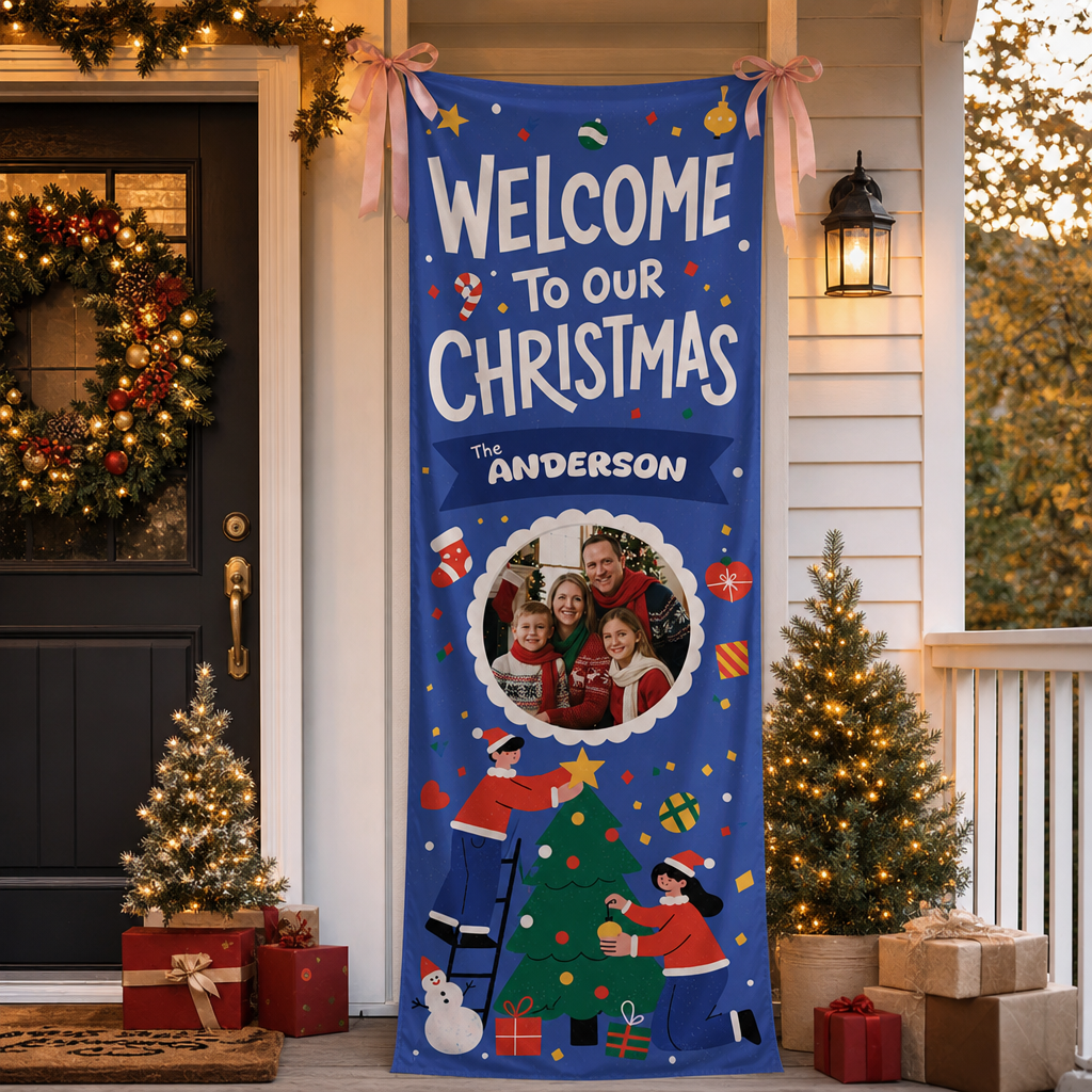 Custom Photo Blue Christmas Family Fabric Welcome Banner, Personalized Family Name Holiday Entrance Hanging Sign with Ribbon Ties, Royal Blue Tree Decorating Party Decor