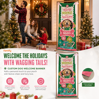 Custom Photo Dog Merry Woofmas Christmas Fabric Welcome Banner, Personalized Dog Name Holiday Entrance Hanging Sign with Ribbon Ties, Cute Pet Bone Frame Christmas Decor