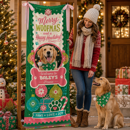 Custom Photo Dog Merry Woofmas Christmas Fabric Welcome Banner, Personalized Dog Name Holiday Entrance Hanging Sign with Ribbon Ties, Cute Pet Bone Frame Christmas Decor