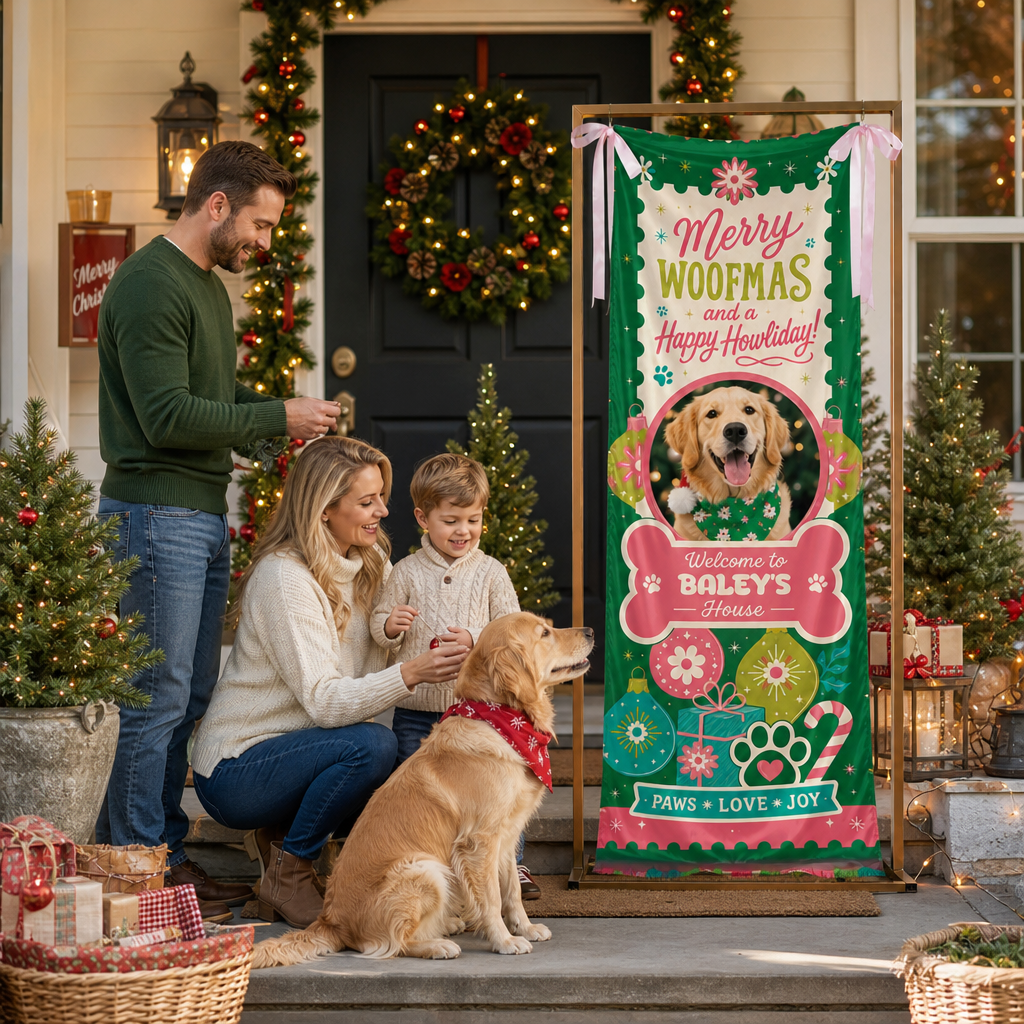 Custom Photo Dog Merry Woofmas Christmas Fabric Welcome Banner, Personalized Dog Name Holiday Entrance Hanging Sign with Ribbon Ties, Cute Pet Bone Frame Christmas Decor