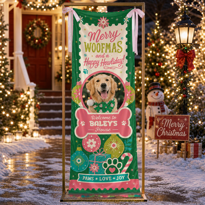 Custom Photo Dog Merry Woofmas Christmas Fabric Welcome Banner, Personalized Dog Name Holiday Entrance Hanging Sign with Ribbon Ties, Cute Pet Bone Frame Christmas Decor