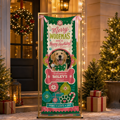 Custom Photo Dog Merry Woofmas Christmas Fabric Welcome Banner, Personalized Dog Name Holiday Entrance Hanging Sign with Ribbon Ties, Cute Pet Bone Frame Christmas Decor
