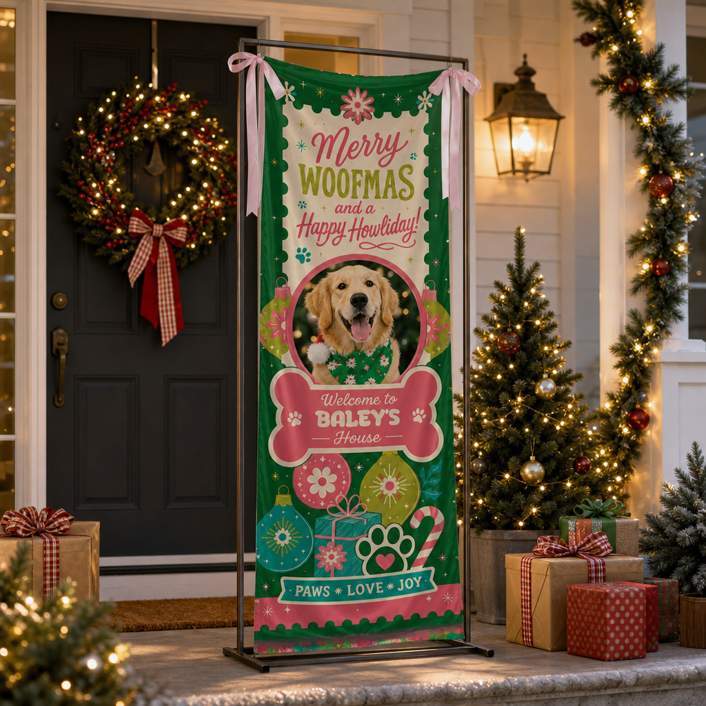 Custom Photo Dog Merry Woofmas Christmas Fabric Welcome Banner, Personalized Dog Name Holiday Entrance Hanging Sign with Ribbon Ties, Cute Pet Bone Frame Christmas Decor