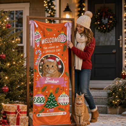 Custom Photo Cat Christmas Family Fabric Welcome Banner, Personalized Cat Name Home of a Spoiled Cat Entrance Hanging Sign with Ribbon Ties, Orange Holiday Party Decor