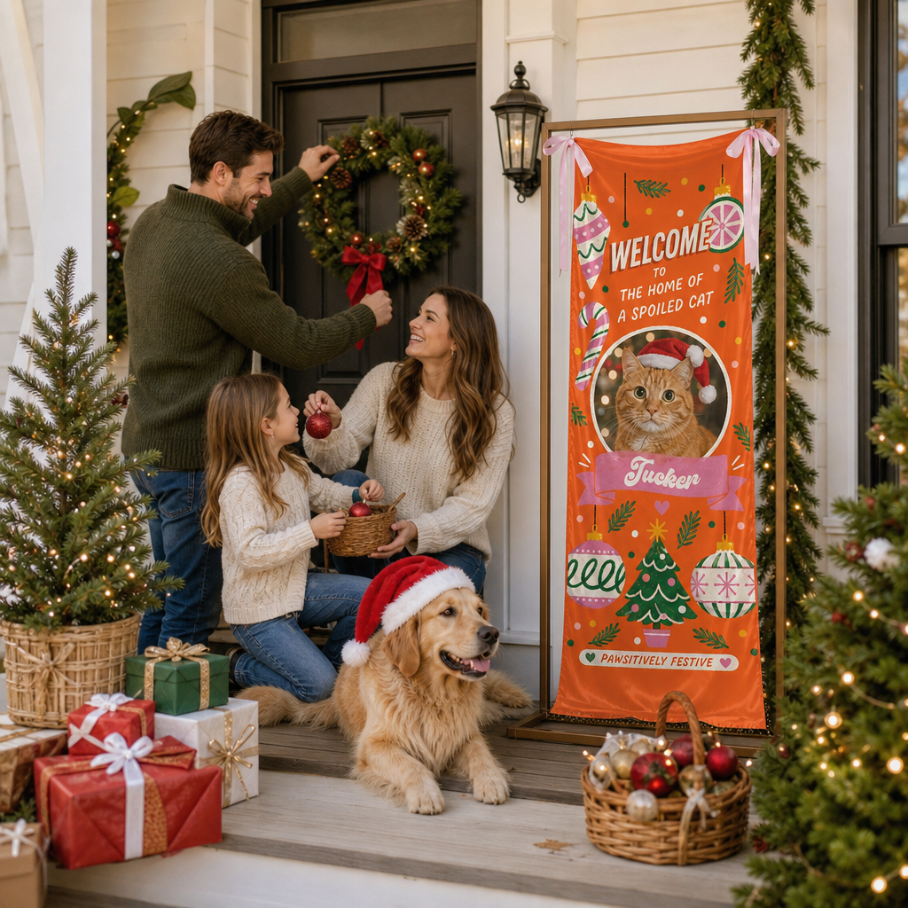 Custom Photo Cat Christmas Family Fabric Welcome Banner, Personalized Cat Name Home of a Spoiled Cat Entrance Hanging Sign with Ribbon Ties, Orange Holiday Party Decor