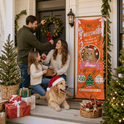 Custom Photo Cat Christmas Family Fabric Welcome Banner, Personalized Cat Name Home of a Spoiled Cat Entrance Hanging Sign with Ribbon Ties, Orange Holiday Party Decor