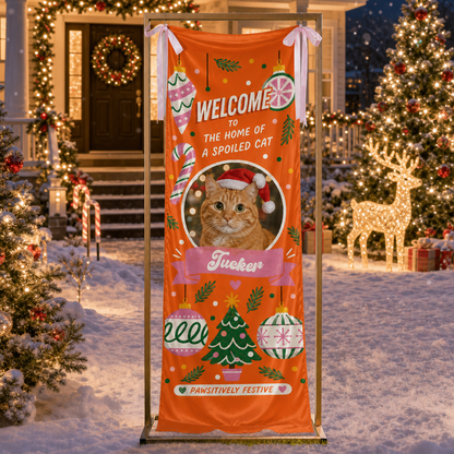 Custom Photo Cat Christmas Family Fabric Welcome Banner, Personalized Cat Name Home of a Spoiled Cat Entrance Hanging Sign with Ribbon Ties, Orange Holiday Party Decor