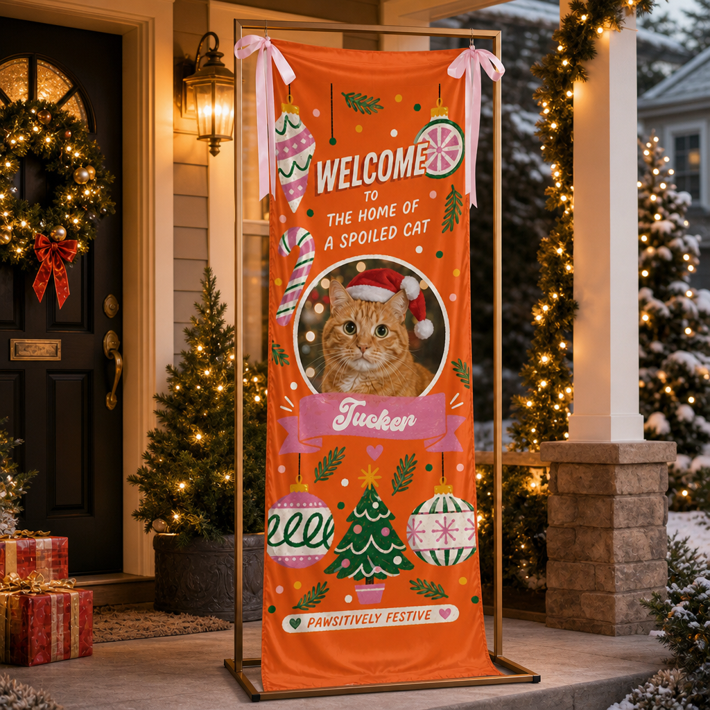 Custom Photo Cat Christmas Family Fabric Welcome Banner, Personalized Cat Name Home of a Spoiled Cat Entrance Hanging Sign with Ribbon Ties, Orange Holiday Party Decor