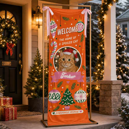Custom Photo Cat Christmas Family Fabric Welcome Banner, Personalized Cat Name Home of a Spoiled Cat Entrance Hanging Sign with Ribbon Ties, Orange Holiday Party Decor