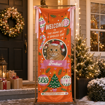Custom Photo Cat Christmas Family Fabric Welcome Banner, Personalized Cat Name Home of a Spoiled Cat Entrance Hanging Sign with Ribbon Ties, Orange Holiday Party Decor
