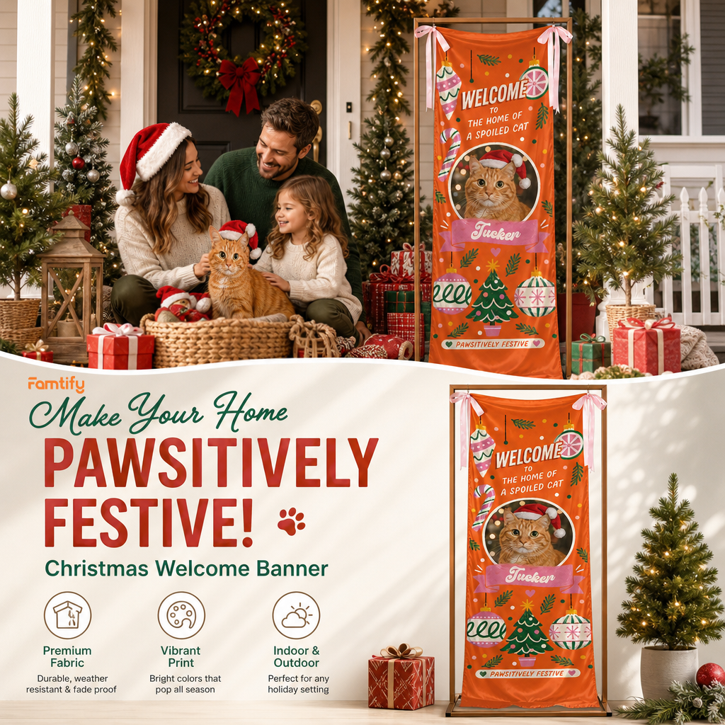 Custom Photo Cat Christmas Family Fabric Welcome Banner, Personalized Cat Name Home of a Spoiled Cat Entrance Hanging Sign with Ribbon Ties, Orange Holiday Party Decor