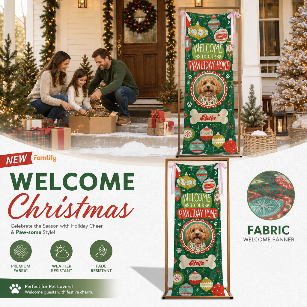 Custom Photo Dog Christmas Family Fabric Welcome Banner, Personalized Dog Name Pawliday Home Entrance Hanging Sign with Ribbon Ties, Green Vintage Ornament Holiday Party Decor